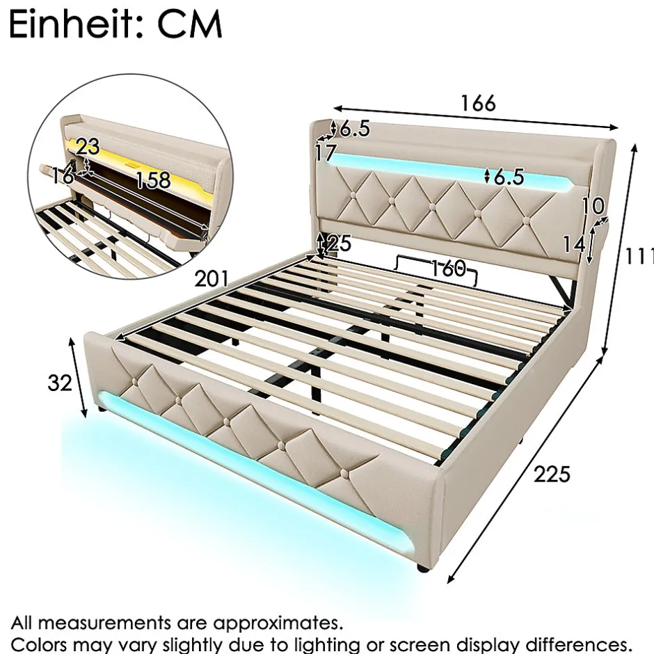 Gutent Lit rembourré hydraulique 160x200cm, lit double, tête de lit de rangement avec port usb et type c, lin,beige,avec matelas