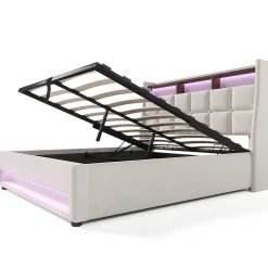 Gutent Lit rembourré hydraulique 160x200 cm lit de rangement lit usb lit en métal lit cadre à lattes en bois lit led double lin beige Best