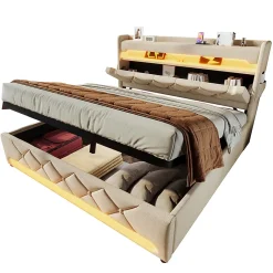 Gutent Lit rembourré hydraulique 140x200cm, lit double, espace de rangement en tête de lit avec port usb et type c, lin, beige Clearance