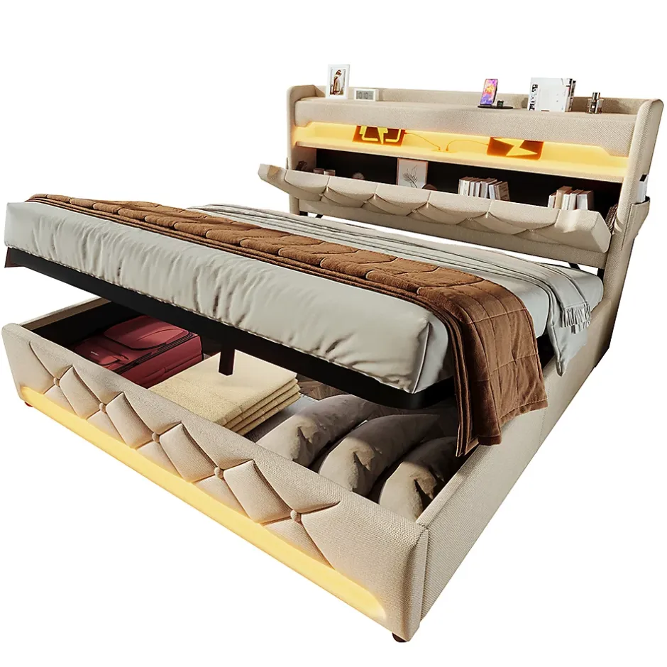 Gutent Lit rembourré hydraulique 140x200cm, lit double, espace de rangement en tête de lit avec port usb et type c, lin, beige Clearance