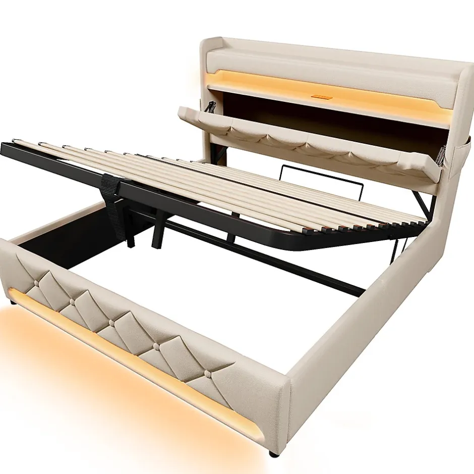 Gutent Lit rembourré hydraulique 140x200cm, lit double, espace de rangement en tête de lit avec port usb et type c, lin, beige Clearance