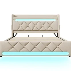 Gutent Lit rembourré hydraulique 140x200cm, lit double, espace de rangement en tête de lit avec port usb et type c, lin, beige Clearance