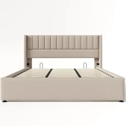Gutent Lit rembourré hydraulique lit coffre lit 180x200 cm lit de rangement lit en métal lit cadre à lattes en bois lit double lin beige