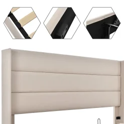 Gutent Lit rembourré hydraulique, 140x200cm, lit avec rangement, avec sommier à lattes en bois, structure métallique, lin, beige