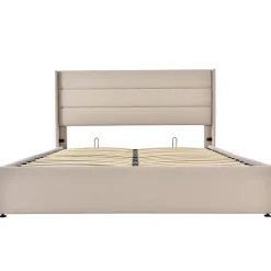 Gutent Lit rembourré hydraulique, 140x200cm, lit avec rangement, avec sommier à lattes en bois, structure métallique, lin, beige