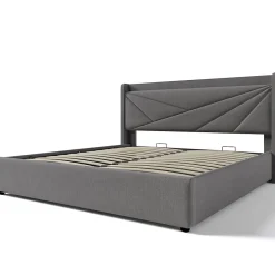 Gutent Lit rembourré lit coffre lit 180x200 cm lit de rangement lit tête de lit à fonction de charge usb type c lit double coton lin gris