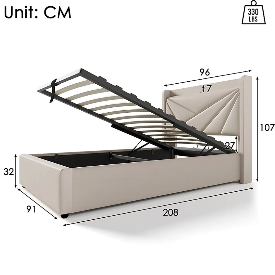 Gutent Lit rembourré lit coffre lit 90x200 cm lit de rangement lit tête de lit à fonction de charge usb type c Single coton lin beige Hot