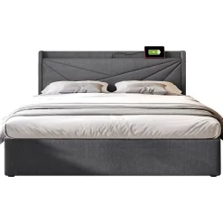 Gutent Lit rembourré lit coffre lit 160x200 cm lit de rangement lit tête de lit à fonction de charge usb type c lit double coton lin gris Clearance