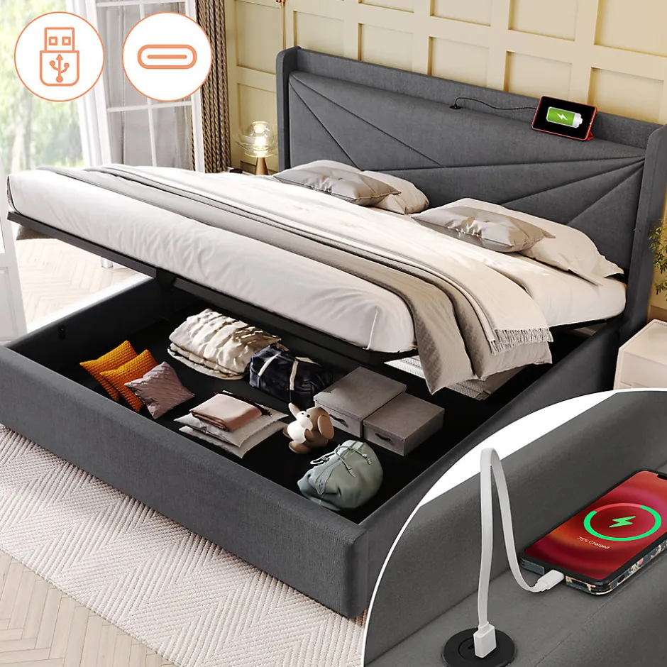 Gutent Lit rembourré lit coffre 140x200 cm lit de rangement lit tête de lit à fonction de charge usb type c lit double coton lin gris