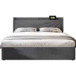 Gutent Lit rembourré lit coffre 140x200 cm lit de rangement lit tête de lit à fonction de charge usb type c lit double coton lin gris