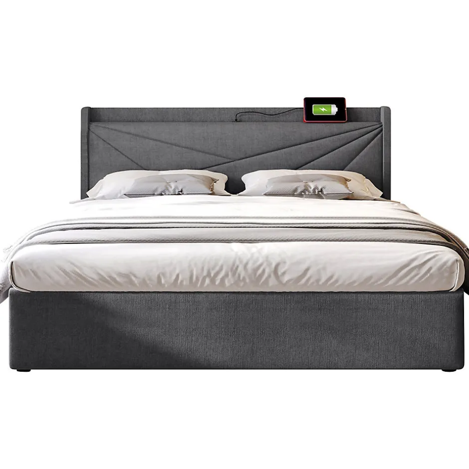 Gutent Lit rembourré lit coffre 140x200 cm lit de rangement lit tête de lit à fonction de charge usb type c lit double coton lin gris