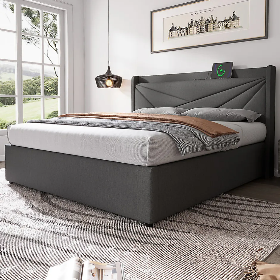Gutent Lit rembourré lit coffre 140x200 cm lit de rangement lit tête de lit à fonction de charge usb type c lit double coton lin gris