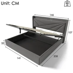 Gutent Lit rembourré lit coffre 140x200 cm lit de rangement lit tête de lit à fonction de charge usb type c lit double coton lin gris