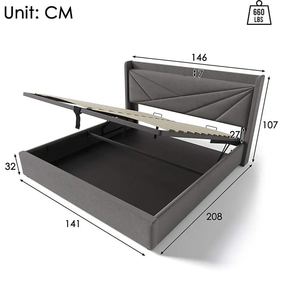 Gutent Lit rembourré lit coffre 140x200 cm lit de rangement lit tête de lit à fonction de charge usb type c lit double coton lin gris