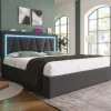 Gutent Lit rembourré lit coffre 140x200 cm lit de rangement lit eclairage led avec fonction de chargement usb type c lit double lin gris