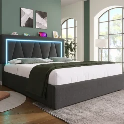 Gutent Lit rembourré lit coffre 140x200 cm lit de rangement lit eclairage led avec fonction de chargement usb type c lit double lin gris
