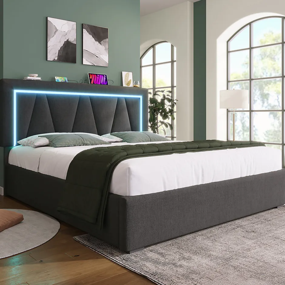 Gutent Lit rembourré lit coffre 140x200 cm lit de rangement lit eclairage led avec fonction de chargement usb type c lit double lin gris