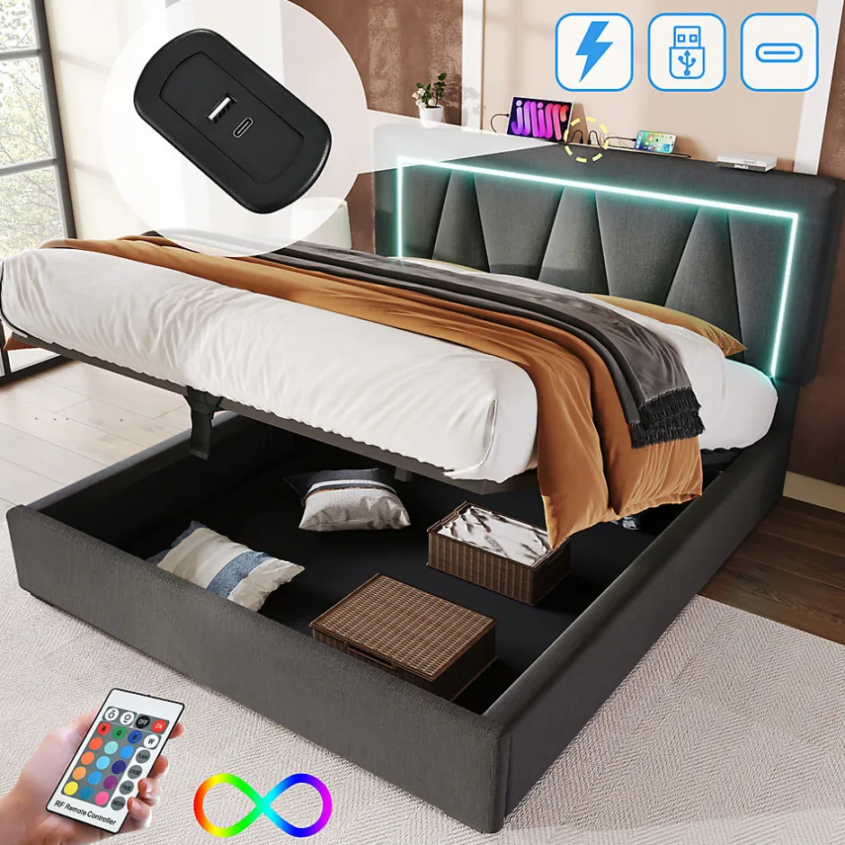 Gutent Lit rembourré lit coffre 140x200 cm lit de rangement lit eclairage led avec fonction de chargement usb type c lit double lin gris