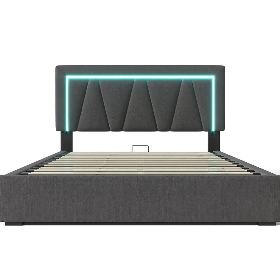 Gutent Lit rembourré lit coffre 140x200 cm lit de rangement lit eclairage led avec fonction de chargement usb type c lit double lin gris