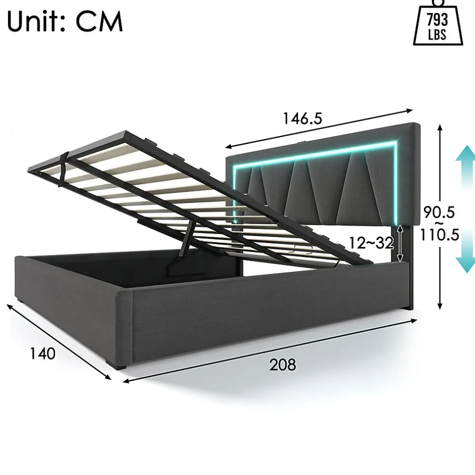 Gutent Lit rembourré lit coffre 140x200 cm lit de rangement lit eclairage led avec fonction de chargement usb type c lit double lin gris