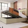 Gutent Lit rembourré lit coffre 160x200 cm lit de rangement lit eclairage led avec fonction de chargement usb type c lit double lin beige