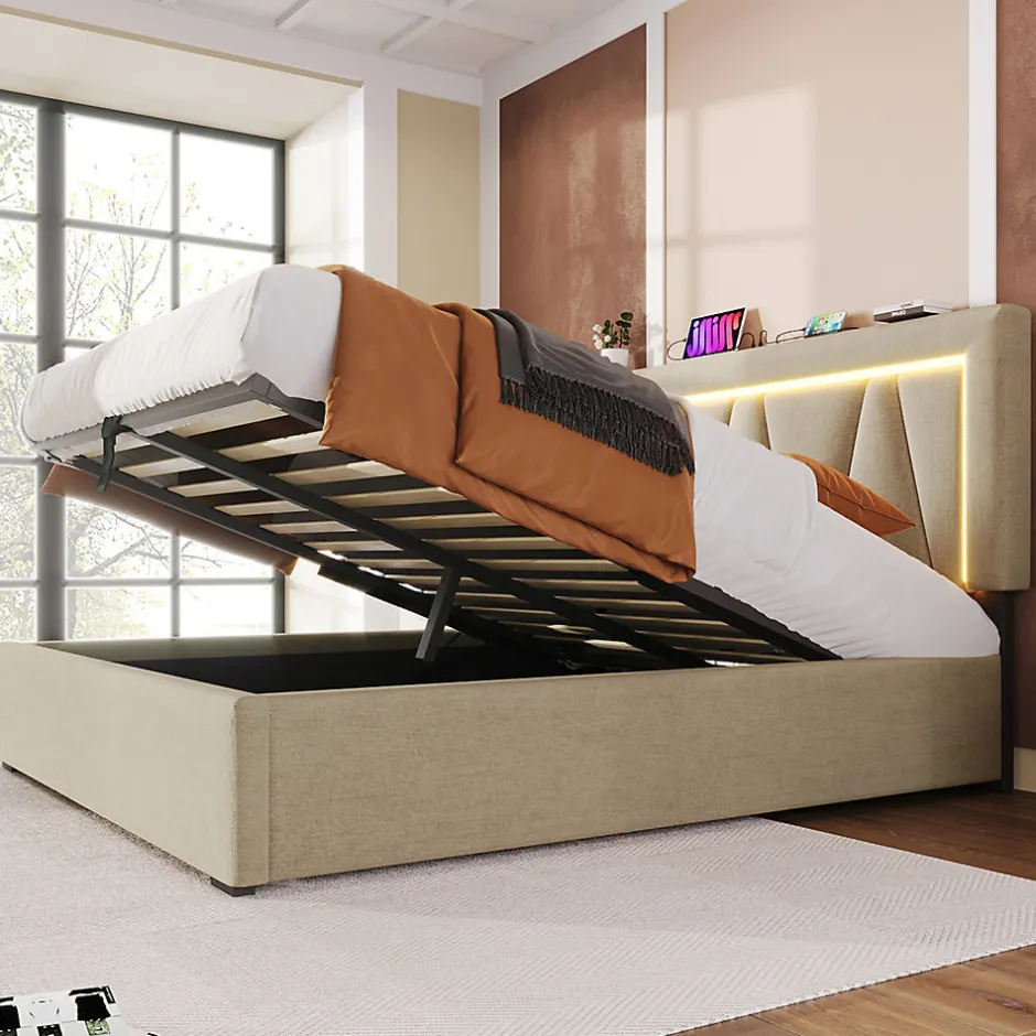 Gutent Lit rembourré lit coffre 160x200 cm lit de rangement lit eclairage led avec fonction de chargement usb type c lit double lin beige
