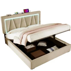 Gutent Lit rembourré lit coffre 160x200 cm lit de rangement lit eclairage led avec fonction de chargement usb type c lit double lin beige