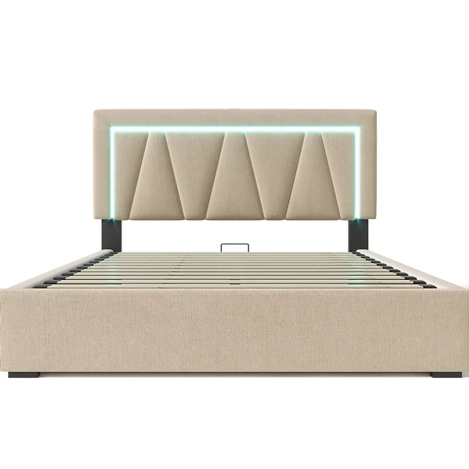 Gutent Lit rembourré lit coffre 160x200 cm lit de rangement lit eclairage led avec fonction de chargement usb type c lit double lin beige
