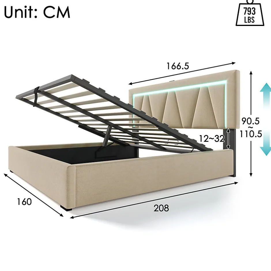 Gutent Lit rembourré lit coffre 160x200 cm lit de rangement lit eclairage led avec fonction de chargement usb type c lit double lin beige