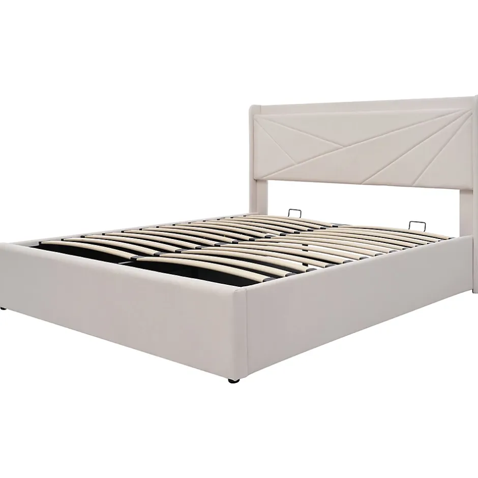 Gutent Lit rembourré lit coffre 140x200 cm lit de rangement lit tête de lit à fonction de charge usb type c lit double coton lin beige Outlet