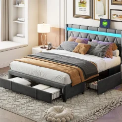 Simple Life Lit Rembourré lit double 160x200cm avec 4 tiroirs et LED, USB, cadre de lit, lin gris