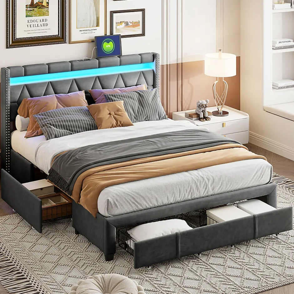 Simple Life Lit Rembourré lit double 160x200cm avec 4 tiroirs et LED, USB, cadre de lit, lin gris