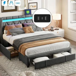 Simple Life Lit Rembourré lit double 160x200cm avec 4 tiroirs et LED, USB, cadre de lit, lin gris