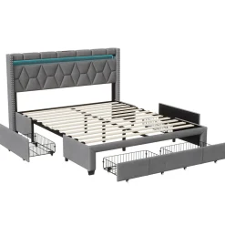 Simple Life Lit Rembourré lit double 160x200cm avec 4 tiroirs et LED, USB, cadre de lit, lin gris