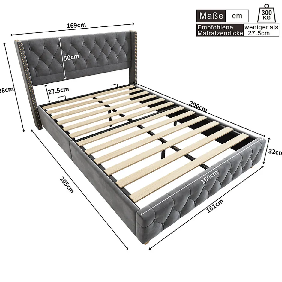 Gutent Lit rembourré lit 160x200cm lit rembourrage à rivets lit pieds en bois velours gris