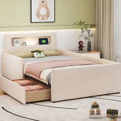 Enfant Blackcolors Lit rembourré pour enfant 90 x 200 cm, veilleuse USB, compartiments de rangement, beige,