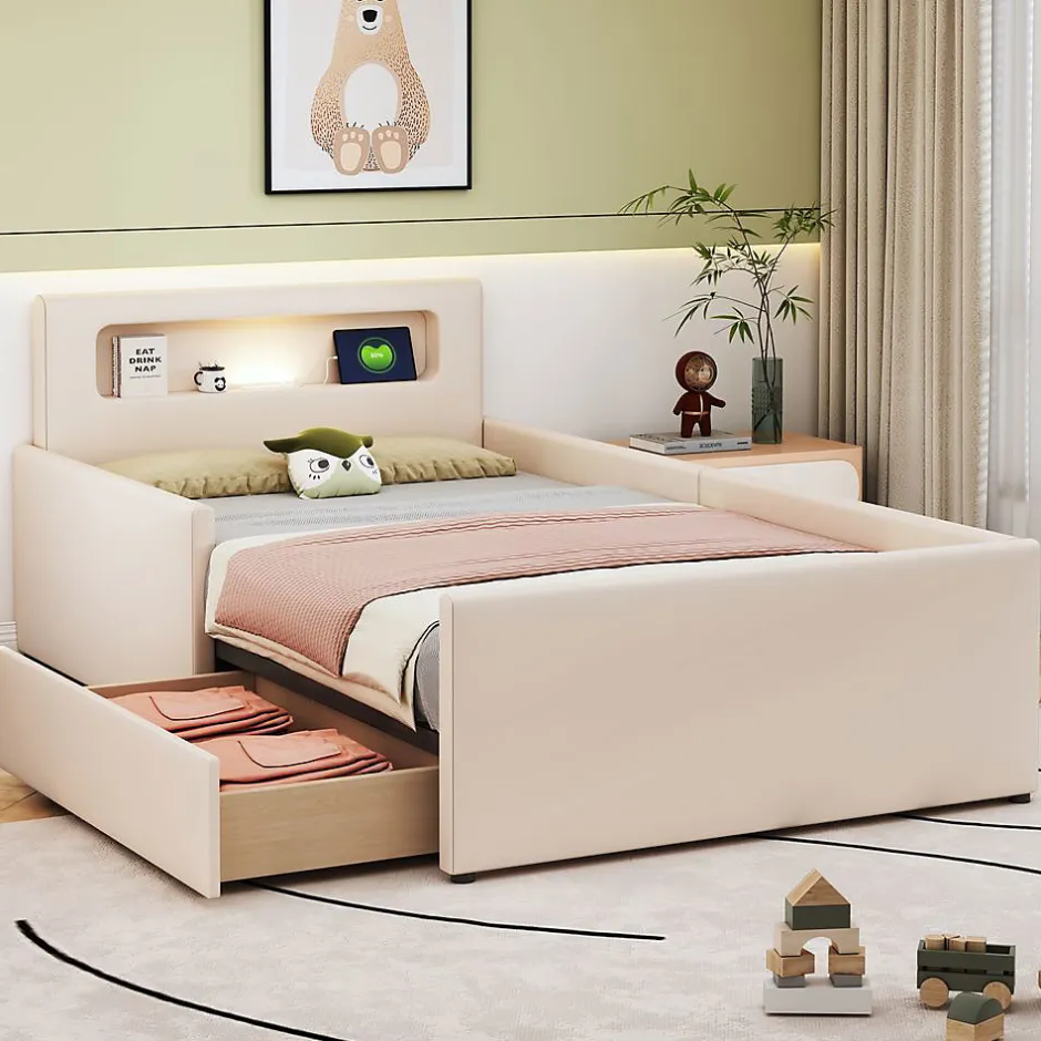 Enfant Blackcolors Lit rembourré pour enfant 90 x 200 cm, veilleuse USB, compartiments de rangement, beige,