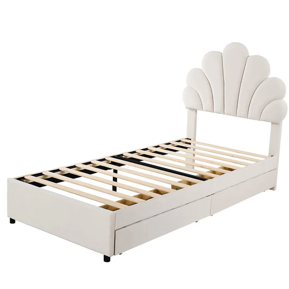 Blackcolors Lit rembourré pour enfant 90 x 200 cm, tête de lit à fleurs, 2 compartiments, beige, Online