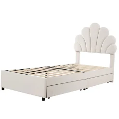 Blackcolors Lit rembourré pour enfant 90 x 200 cm, tête de lit à fleurs, 2 compartiments, beige, Online