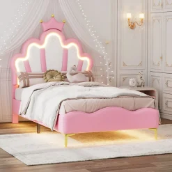 Enfant Fortuna lai Lit Rembourré Pour Enfant 90 X 200 Cm Avec LED, Lit De Princesse Couronne, En Polyuréthane, Rose