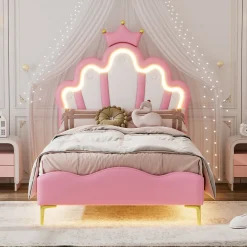 Enfant Fortuna lai Lit Rembourré Pour Enfant 90 X 200 Cm Avec LED, Lit De Princesse Couronne, En Polyuréthane, Rose