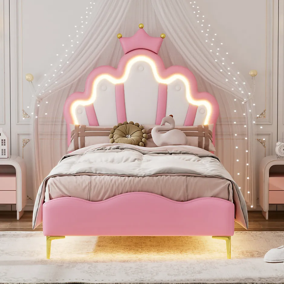 Enfant Fortuna lai Lit Rembourré Pour Enfant 90 X 200 Cm Avec LED, Lit De Princesse Couronne, En Polyuréthane, Rose