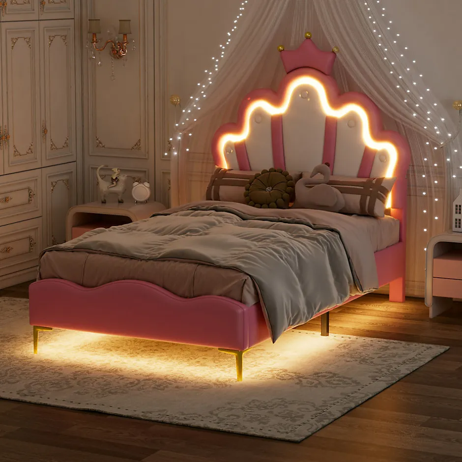 Enfant Fortuna lai Lit Rembourré Pour Enfant 90 X 200 Cm Avec LED, Lit De Princesse Couronne, En Polyuréthane, Rose