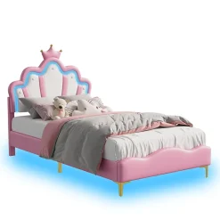 Enfant Fortuna lai Lit Rembourré Pour Enfant 90 X 200 Cm Avec LED, Lit De Princesse Couronne, En Polyuréthane, Rose