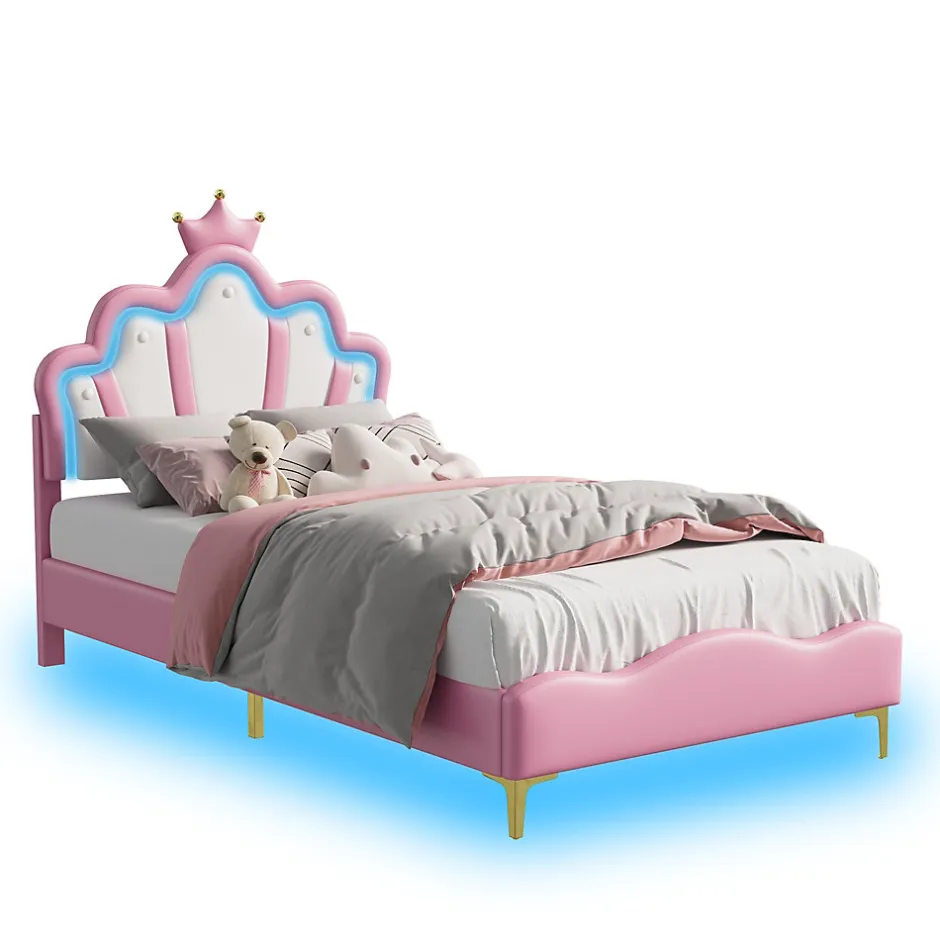 Enfant Fortuna lai Lit Rembourré Pour Enfant 90 X 200 Cm Avec LED, Lit De Princesse Couronne, En Polyuréthane, Rose