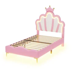 Enfant Fortuna lai Lit Rembourré Pour Enfant 90 X 200 Cm Avec LED, Lit De Princesse Couronne, En Polyuréthane, Rose