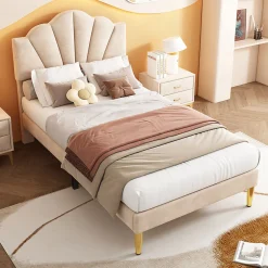 Gutent Lit rembourré Single 90x200 cm avec sommier à lattes - tête de lit réglable - tissu en velours - beige