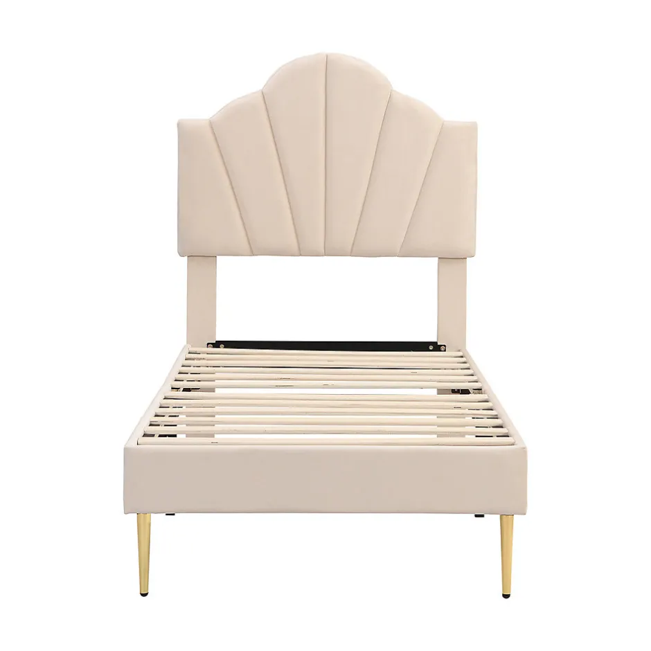 Gutent Lit rembourré Single 90x200 cm avec sommier à lattes - tête de lit réglable - tissu en velours - beige