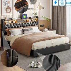 Simple Life Lit Rembourré 180x200 avec USB et prises, LED,lit à coffre hydraulique lit double, simili cuir, noir Clearance