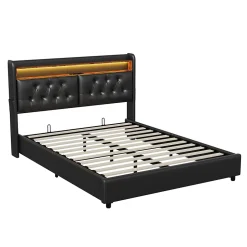 Simple Life Lit Rembourré 180x200 avec USB et prises, LED,lit à coffre hydraulique lit double, simili cuir, noir Clearance